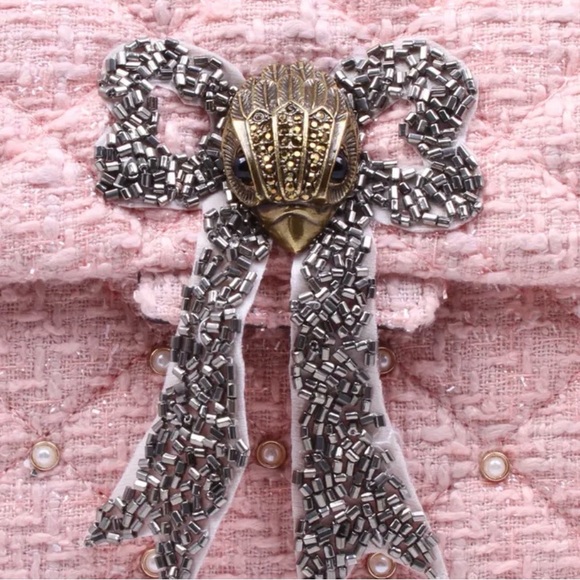 Kurt Geiger London Pink Tweed Kensington Bag with Beaded Bow Detail - Picture 3 of 5